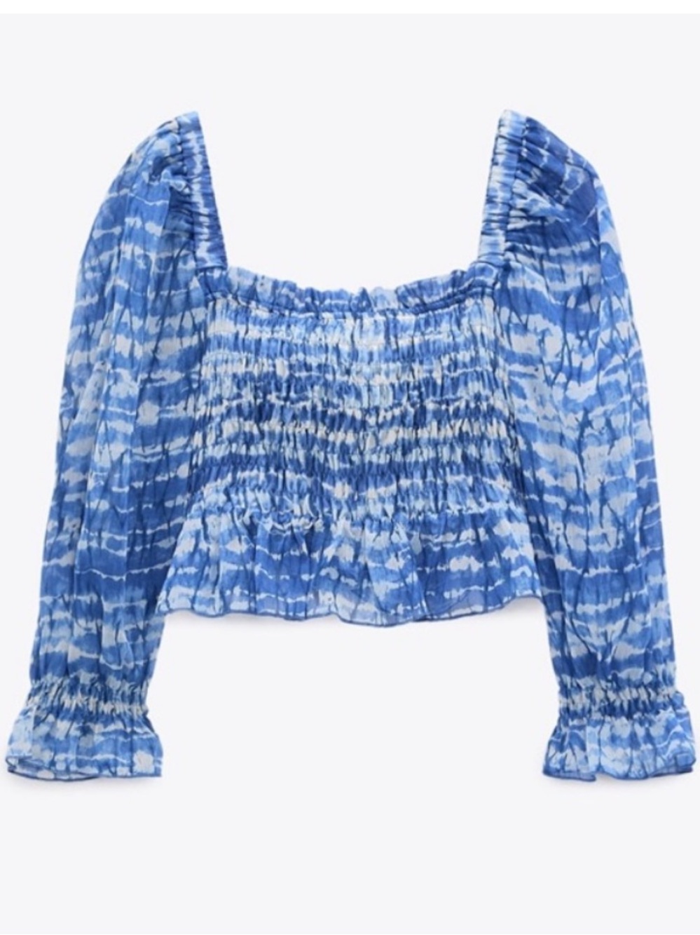 Zara Blue Tie-Dye Smocked Square-Neck Crop Top